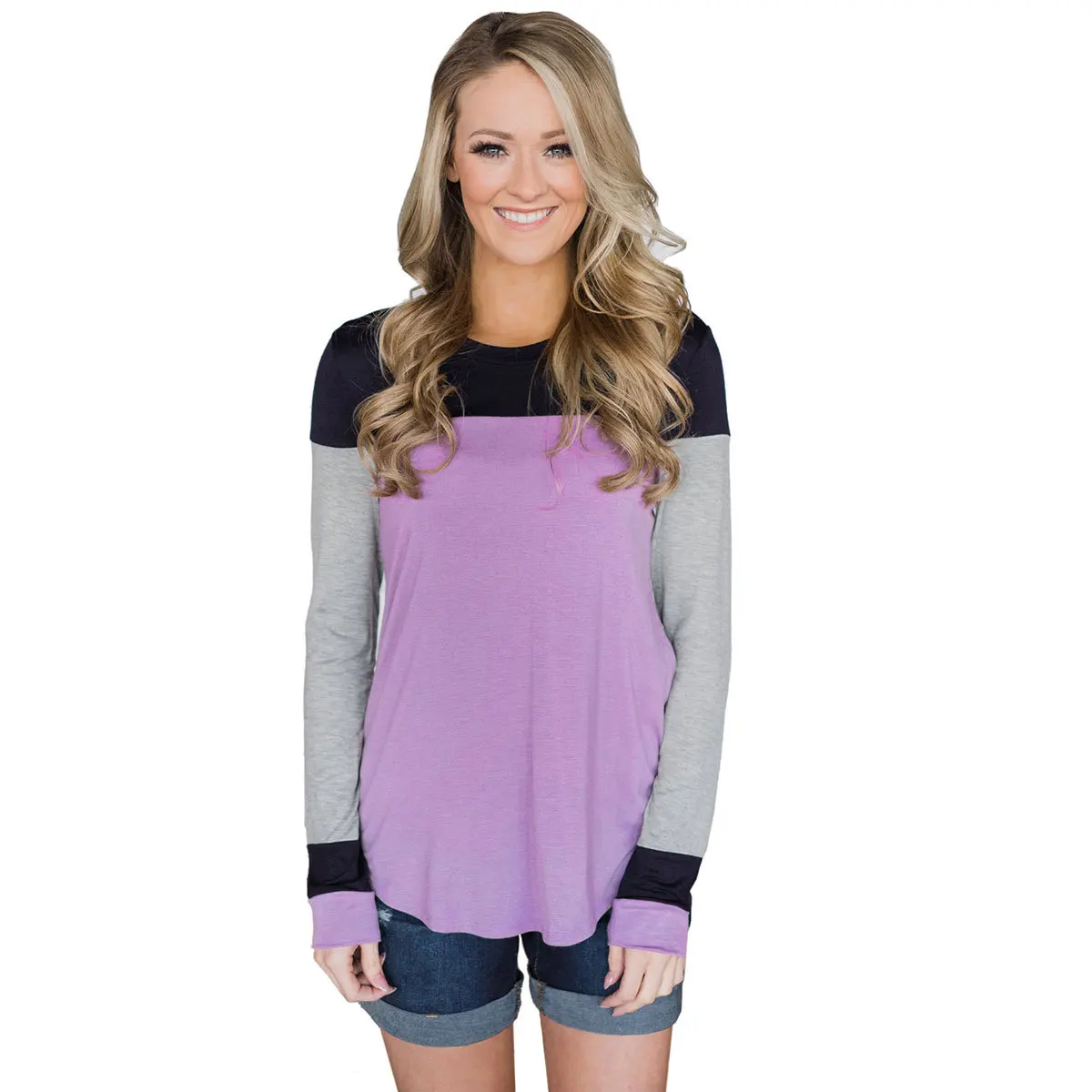 

New European and American Women's Three-color Stitching Comfortable Slim Casual T-shirt Women Tshirt Womens Long Sleeve Tops
