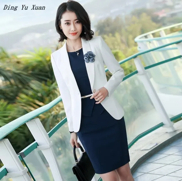 Office Ladies Dress Suit Long Sleeve Blazer Set For Businesss Women Formal 2 Piece Set Jackets and Dress Work Wear Dresses Suits