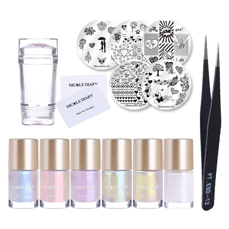 

NICOLE DIARY 15Pcs Mermaid Series Stamping Polishes Set Valentine Image Plates Clear Stamper Nail Art Latex Liquid Tape Tweezer