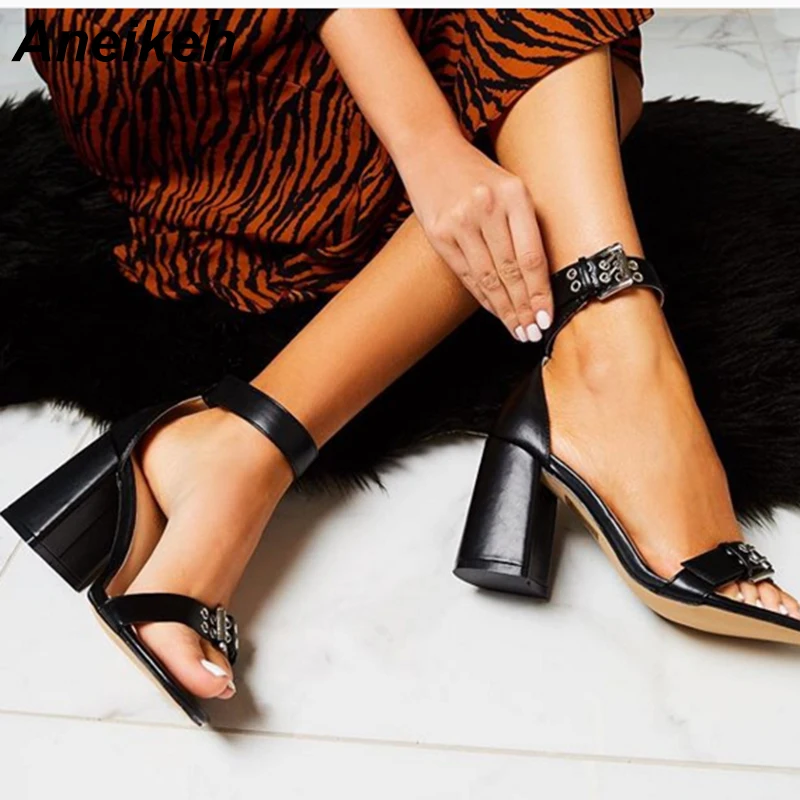

Aneikeh Fashion PU Women Heeled Sandals Bandage Rivet Ankle Strap Pumps Super High Heels Peep Toe Buckle Strap Dress Lady Shoes