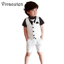 Летний Школьный костюм с цветочным рисунком для мальчиков хлопковый жилет для маленьких джентльменов для мальчиков комплект деловой одежды из 2 предметов для детей на день рождения, вечеринку, свадьбу