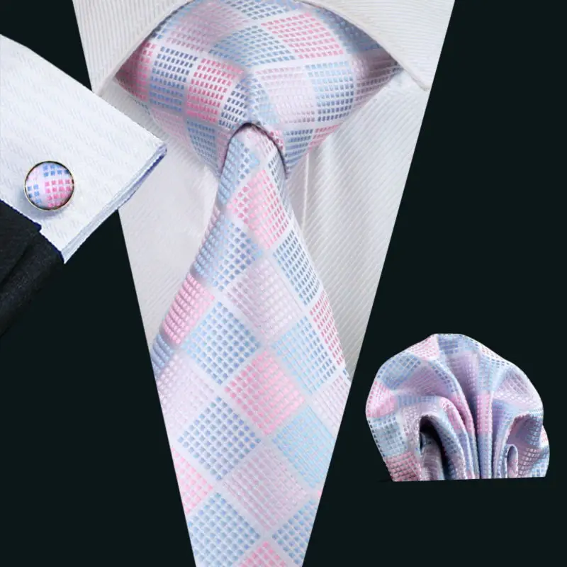 LS-1028 Для мужчин галстук в клетку 100% шелковый галстук Ханки Запонки Набор для Для мужчин Формальные Свадебная вечеринка Бизнес 2016 Лидер
