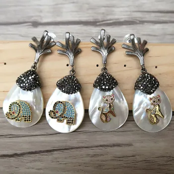

4 Pair water-drop shape Natural Shell Earrings,CZ zircon Stone Micro pave elephant or cat Druzy Jewelry for Women Earring ER574