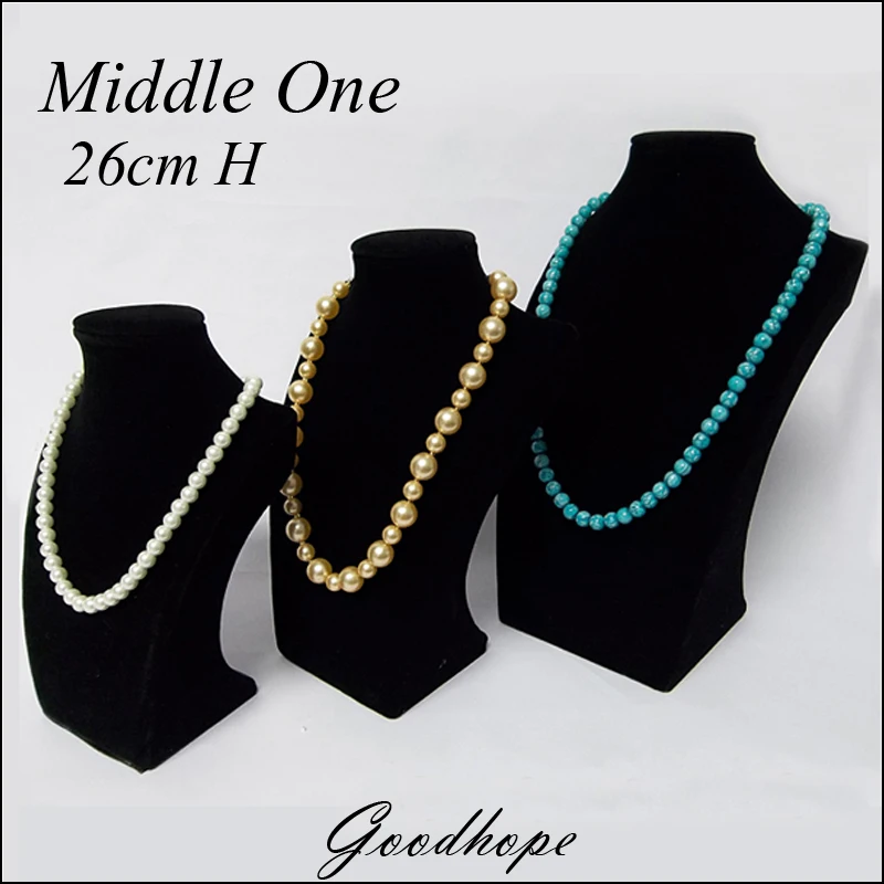 

Medium 26cm Black Velvet Jewelry Display Bust Pendants & Necklaces Neck Forms Portable Long Chain Mannequine Portrait Shelf Rack