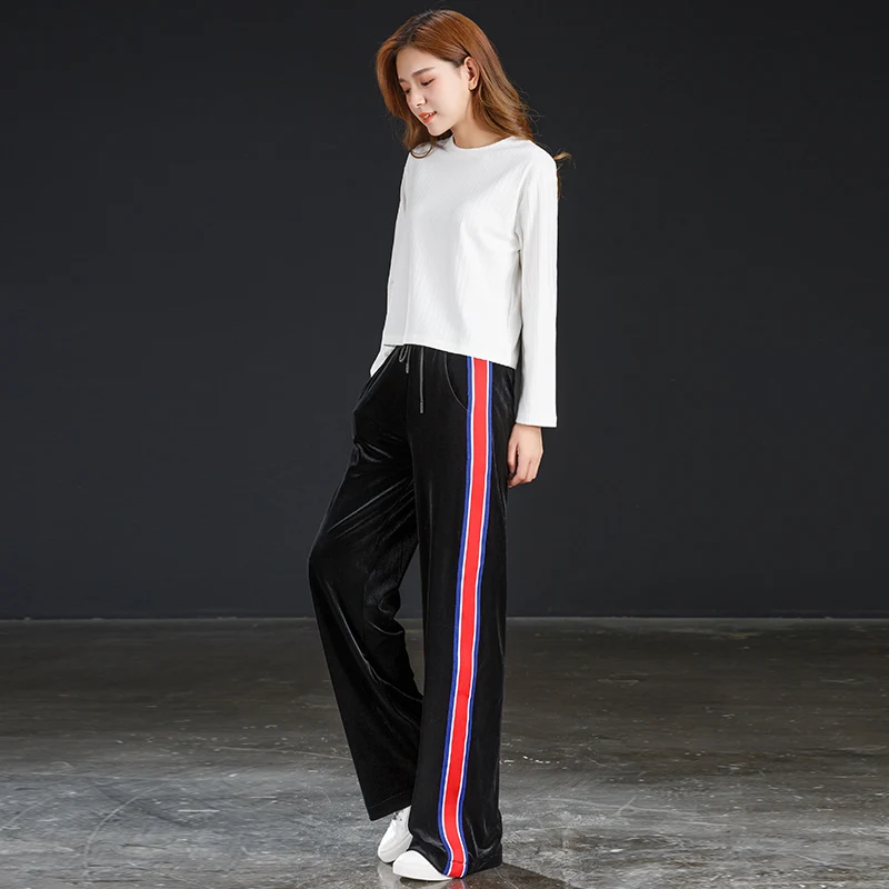 

Autumn Winter Side Striped Pleuche Pants Women Elastic High Waist Sports Straight Velour Pants Black Formal Plus Size