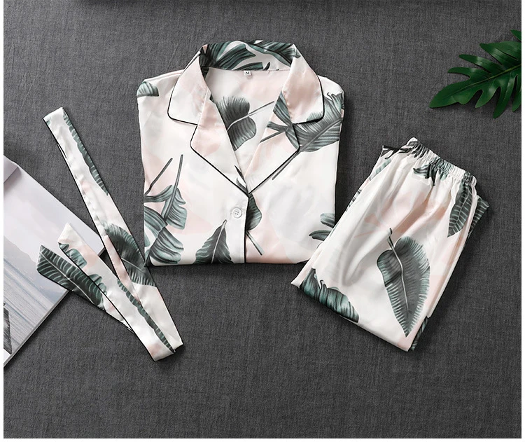 Queenral 2 PCS Silk Satin Women Pajama Set Sleepwear Long Sleeve Trousers Lingerie Homewear Pijamas For Woman Home Suit Printing10