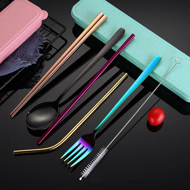 

Stainless Steel Cutlery Set Spoon Fork Chopsticks Dinner Set Metal Straw with Cloth bag Portable Travel Dinneware Set Wholesale