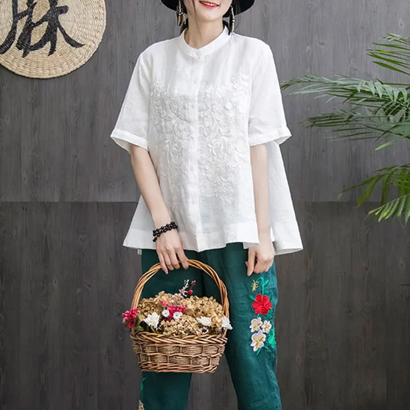  F&je New Summer Style Women Shirt Plus Size Short Sleeve Loose Embroidery Cotton Linen Blouse Big L