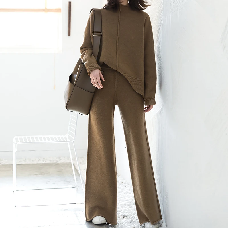 

2019 O-neck Full Real Suit Loose Round Neck Pullover Sweater High Waist Knit Wide Leg Pants Tracksuit Women Set Two Piece Pant