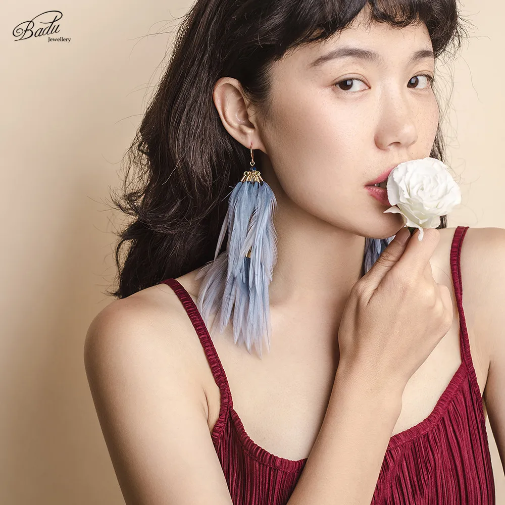 

Badu Statement Long Feather Earrings for Women 4 Colors Feather Vintage Drop Earring Party Jewelry Valentines' Gift