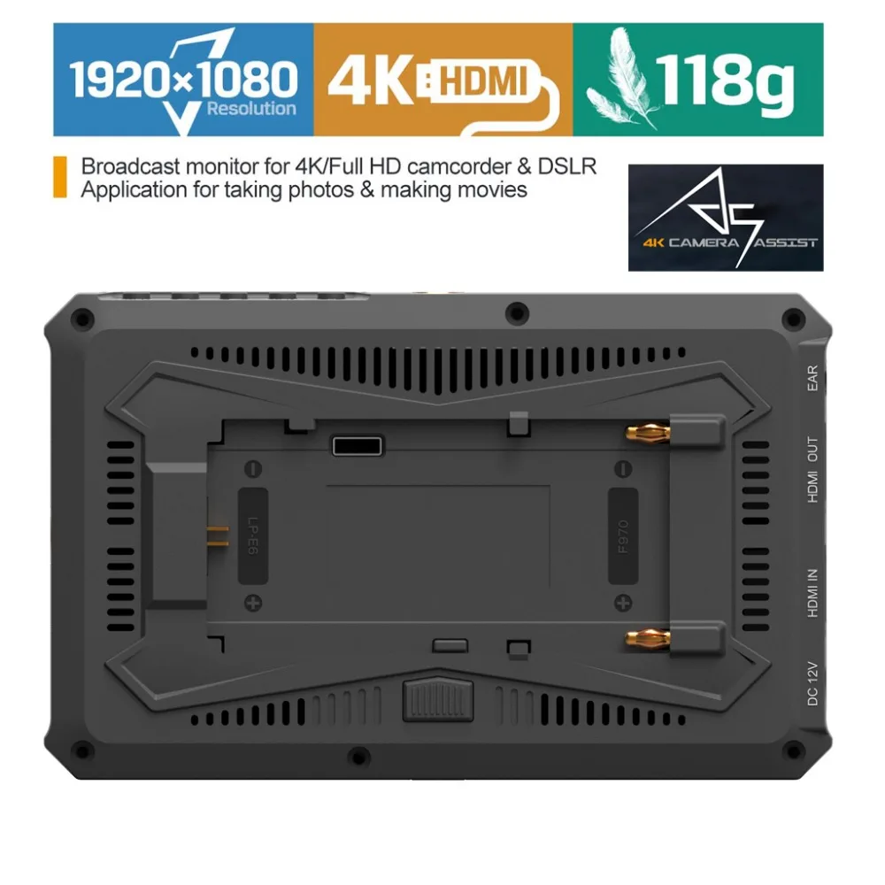 Lilliput A5 Lightweight 5 inch 1920x1080 HD 441ppi IPS Screen Camera Field Monitor 4K HDMI Input output with Battery and charge