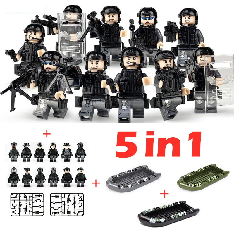 

5in1 Military SWAT Forces Soldiers Figures Building Blocks Compatible Legoings City Special Police Armed Weapons Guns WW2 Toys