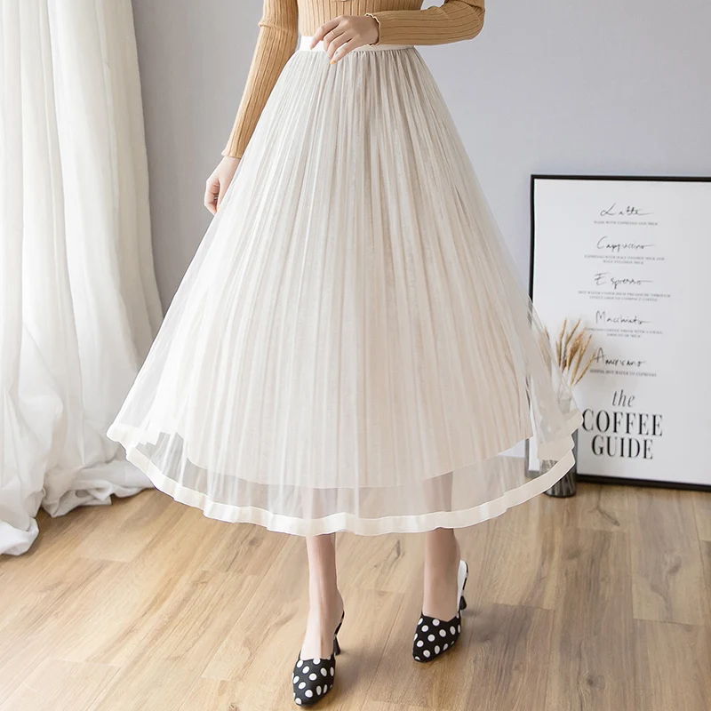 Women Skirts Pleated High Waist Mesh Skirts With Velvet Lining Jupe Women's A Line Elegant Midi Tulle Skirt Faldas Skirts Womens