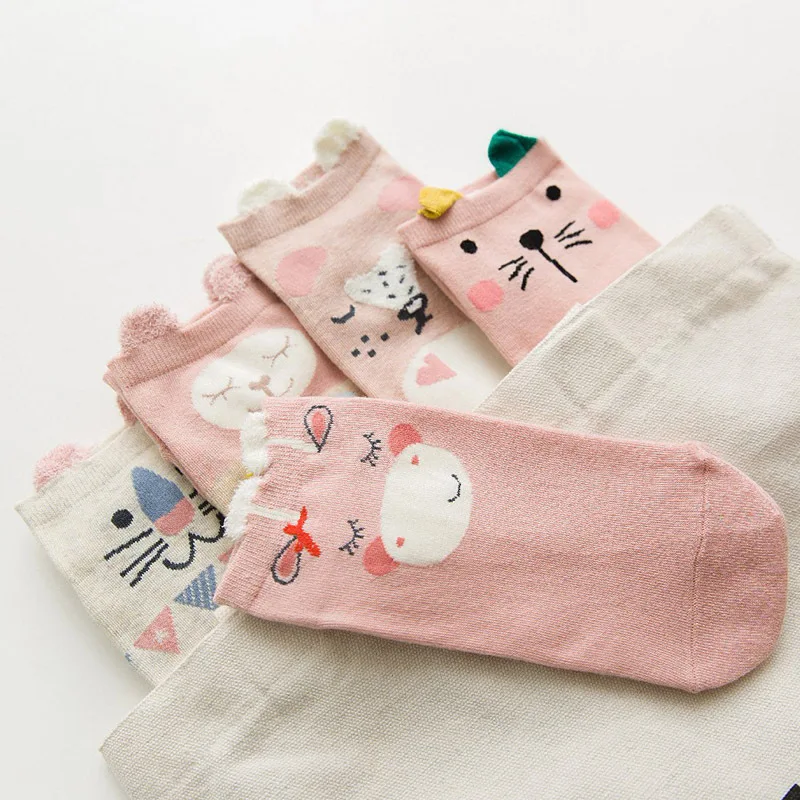 5 пар, хлопковые женские носки с милыми животными, котом, собакой, летние короткие носки Kawaii, забавные низкие носки-башмачки с ушками, красные носки с сердечками для девочек