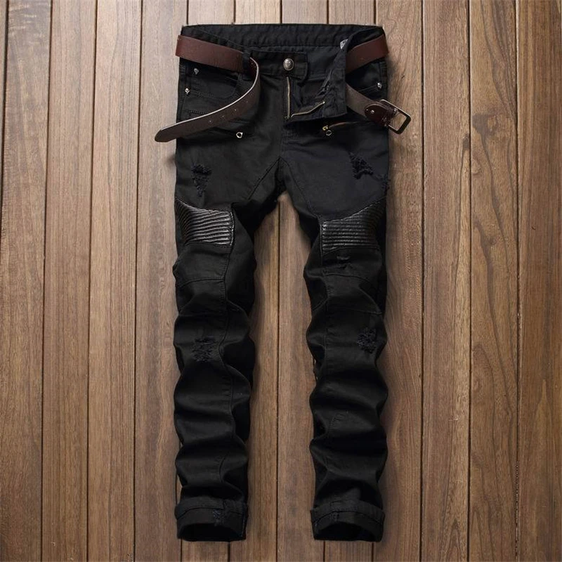 

New Biker Men Jeans Homme Patchwork Hip Hop Hole Slim Fit Distressed Ripped Denim Male Stone Washed Punk Cotton Jeans