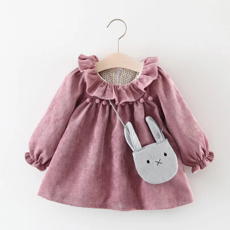 

KISBINI Girls Baby Dress Autumn Zipper Ruffles Solid Long Sleeves Sweet Princess Dress Kid Clothes Send Cute Rabbit Bag