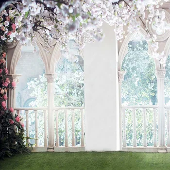 

Floral Wedding Backdrop for Photography Arched Stone Pillars Pink Roses Bokeh White Flowers Garden Party Photo Booth Background