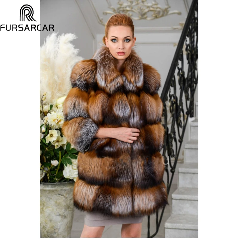 

FURSARCAR Top Quality Fur Coat 2018 New Russian Gold Fox Fur Women's Real Fur Coat Luxurious Warm Coat With Thick Fox Fur Collar