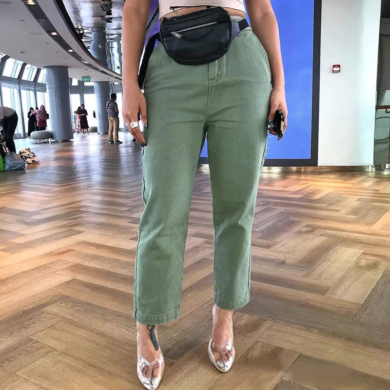 

Street Style High Waist Washed High Waist Twill Army Green Denim Trousers