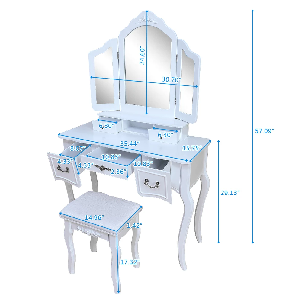 Details about   Tri-Folding Mirror Vanity Set 5 Drawers Dressing Table Makeup Desk&Stool 2 Color 
