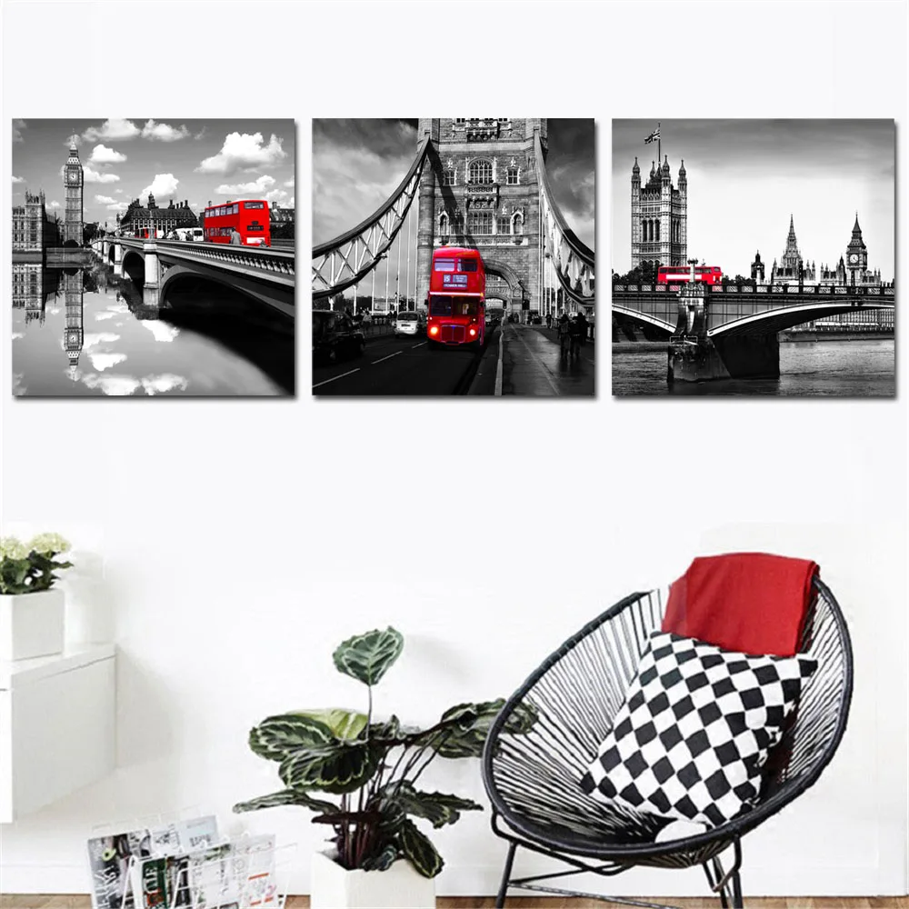 London-City-Street-View-Posters-3pcs-Combined-Black-White-Wall-Art-Canvas-Paintings-Big-Ben-House