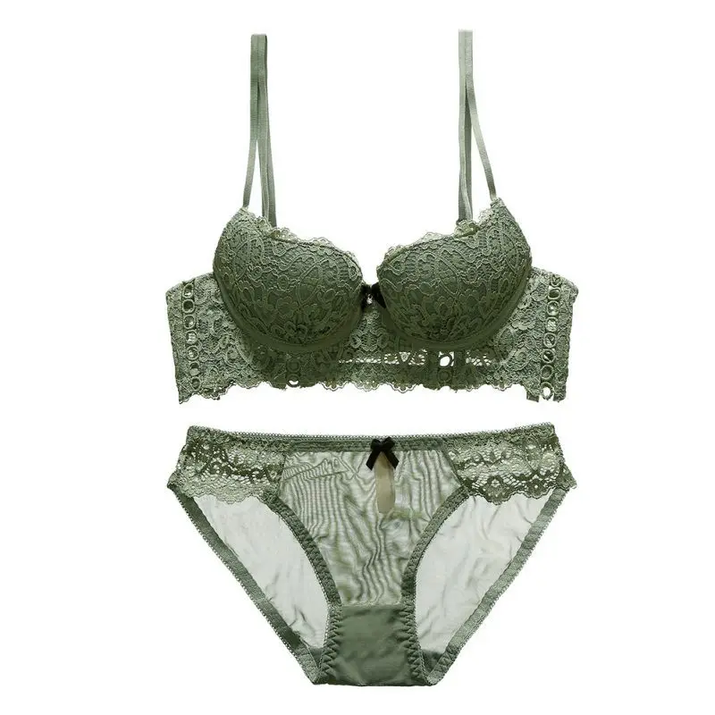 

Sexy Girls Underwear Set Lace 1/2 Cup Lace Lingerie Set Girls Deep V Openwork Flanking Gathered Bra + Panties Set