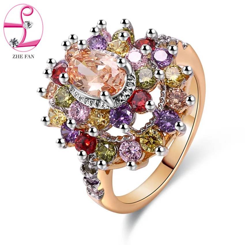 

ZHE FAN Luxury Multicolor Cubic Zirconia Flower Ring Rhodium Gold Color 2 Tone Plating Cluster-style Party Jewelry Size 5-10