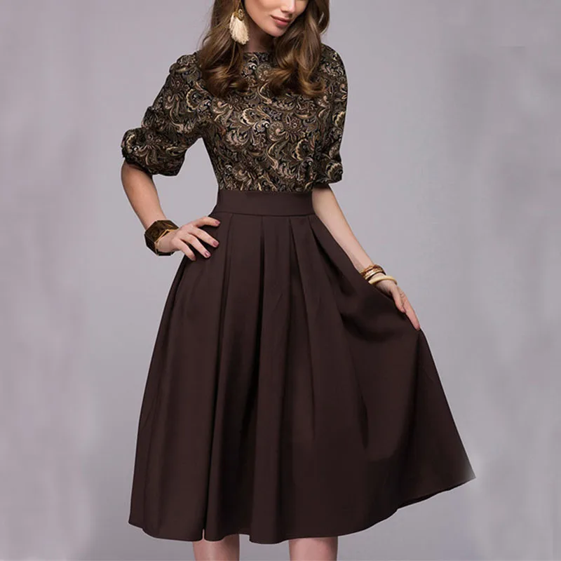 Elegant Dress 2019 Spring and Autumn Women O-neck 3/4 Sleeve Knee-length Dress Women Dress with Ruffles Office Dress Vestidos