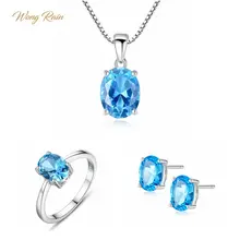 Wong Rain 925 en argent Sterling ovale aigue-marine pierres précieuses en or blanc boucles d'oreilles boucles d'oreilles anneau collier bijoux fins ensemble en gros(China)