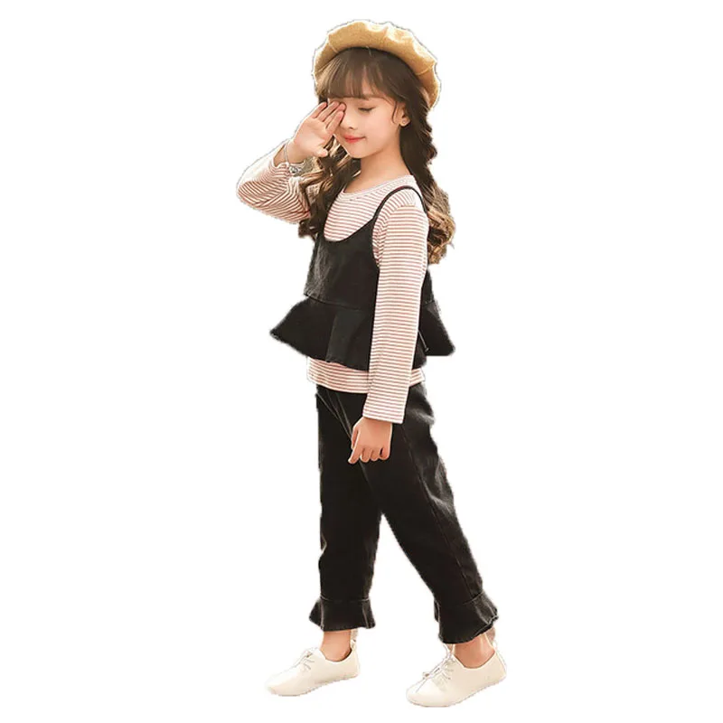

2018 New Spring Autumn Autumn 3pcs Denim Overalls Girls Clothing Set Teenage Girls Stripe Coat+Outfit Vest Sets+Pant Suits E338