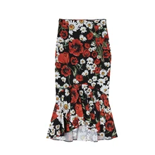 Подгонянный женский подиум облегающий, большой размер высокая талия Флора печати платье с бархатным воротником юбка тонкий элегантный мода юбки черный