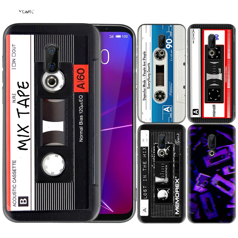 

Silicone Case for Meizu 16 16th M6T Black Dark Coque Shell Cell Phone Tpu Cover Dull Polish Vintage Magnetic Tape Cassette