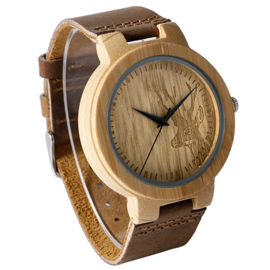 Creative Nature Minimalist Wood Bamboo Deer Head Brown Leather Quartz WristWatch Moose Analog Men Fashion Bangle Bracelet (7)