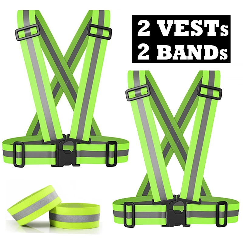 

Pack of 2 High Visibility Safety Reflective Vest Lightweight Adjustable Elastic Reflective Bands for Wrist Arm Ankle Leg