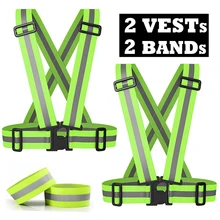 Pack of 2 High Visibility Safety Reflective Vest Lightweight Adjustable Elastic Reflective Bands for Wrist Arm Ankle Leg