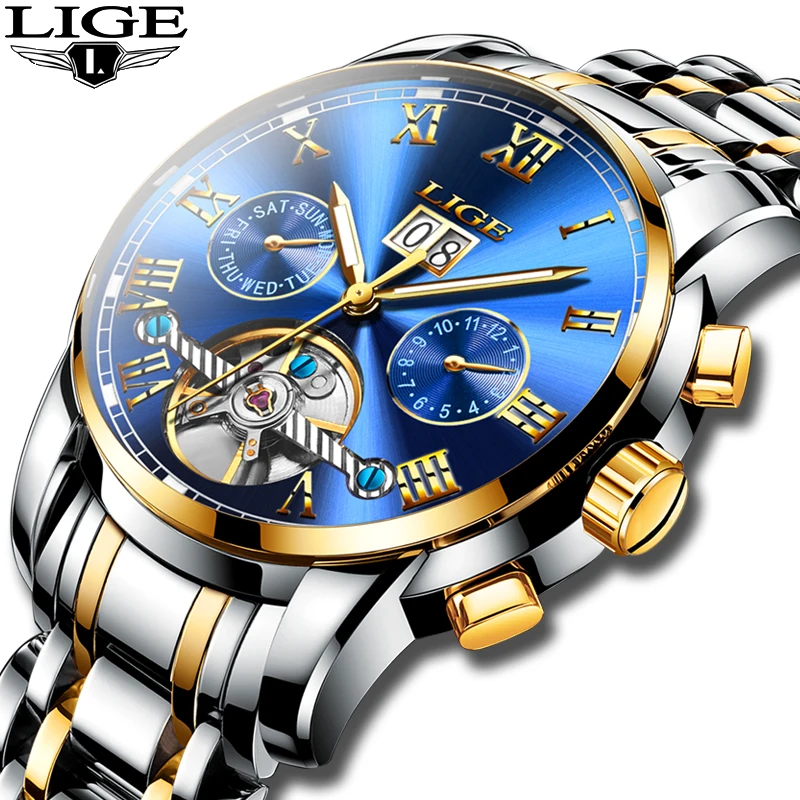 LIGE Mens Business Mechanical Watches Men's Brand Luxury Waterproof Automatic Watch Men All Steel Date Week Tourbillon Clock+Box