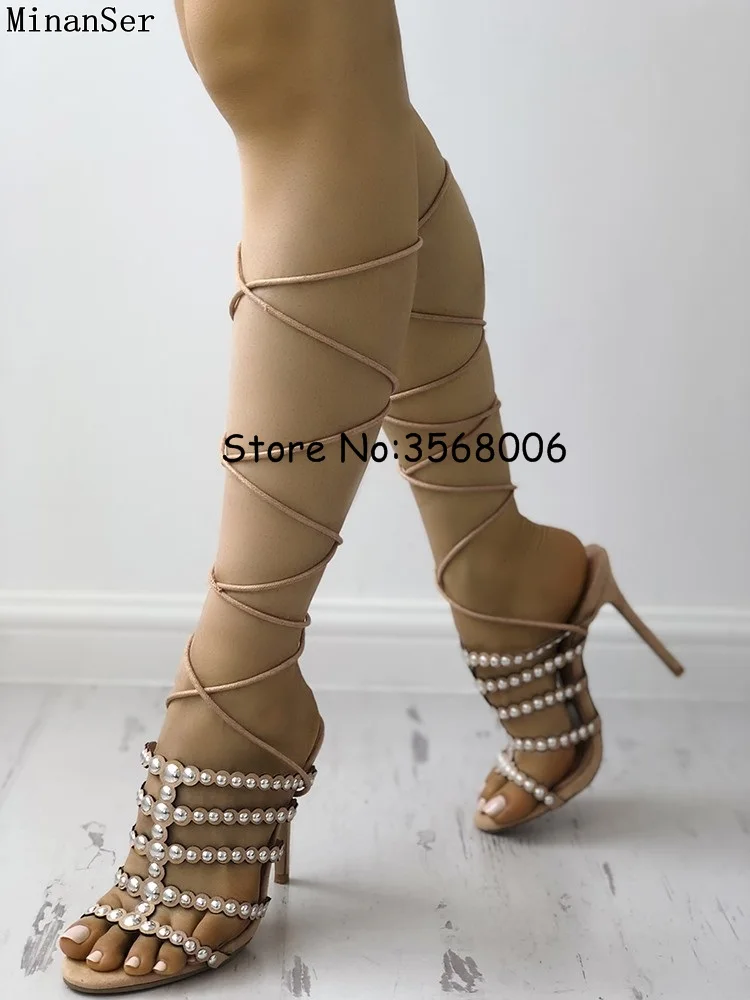 

Best-selling Studs Rivet Embellished Lace Up Suede Women Sandals Tie Up Open Toe Gladiator Lady High Heels Sexy Dress Pumps