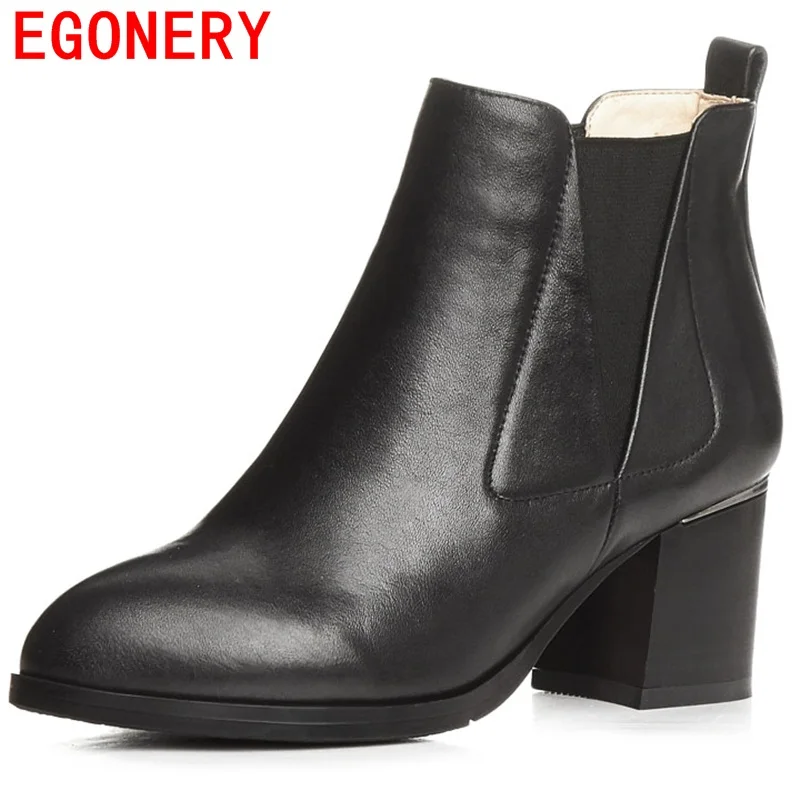 

EGONERY shoes 2017 European and American style korean style elastic band black pointed toe hoof heels short plush riding boots