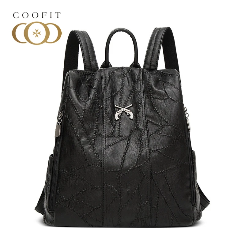 

Coofit Stylish Embroidered PU Leather Backpack For Women Female Casual Geometric Pattern School Bagpack For Girls Youth Daypack