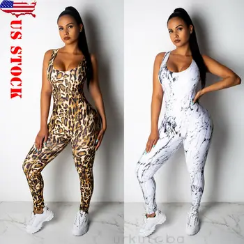 

Hirigin Fashion Women Bandage Backless Serpentine Leopard Sport Gym Rompers Suit Fitness Workout Jumpsuit Bodysuits
