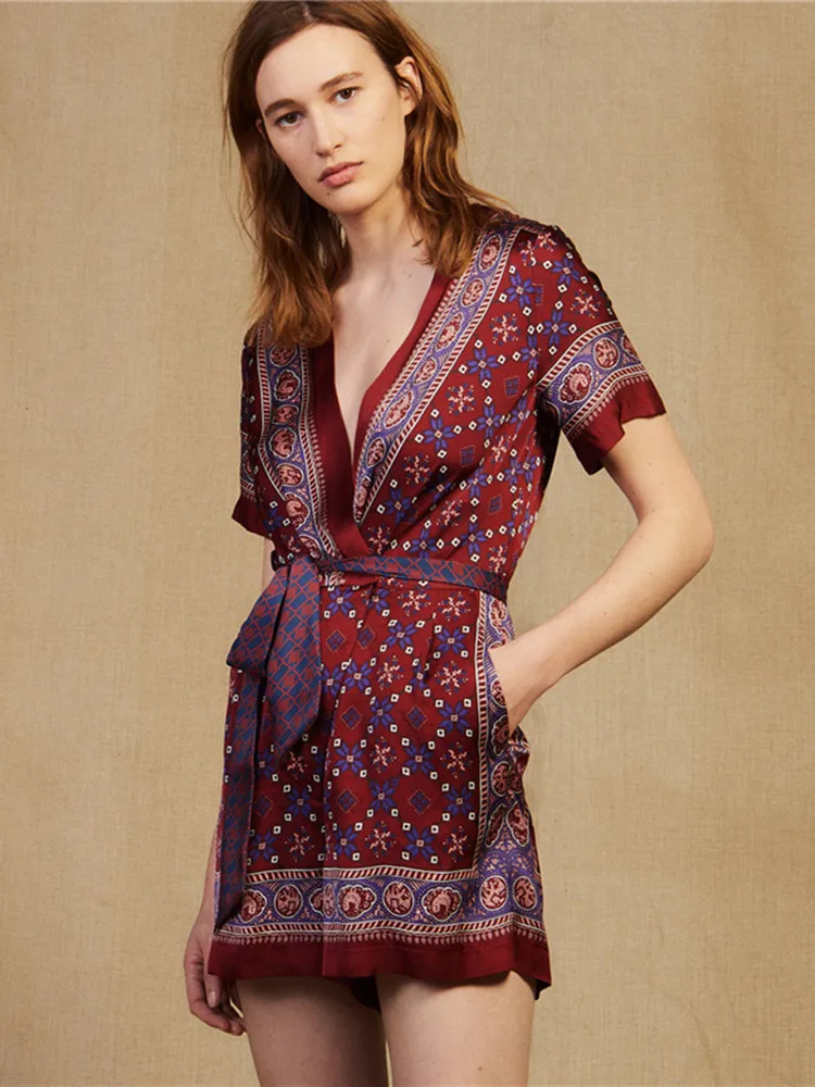 

Women Jumpsuit 2019 Spring and Summer Floral Slim Tie with Ethnic Style Jumpsuit