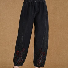 Свободные хлопковые брюки с вышивкой для женщин размера плюс с эластичной талией повседневные свободные брюки женские весна осень зима emm0501