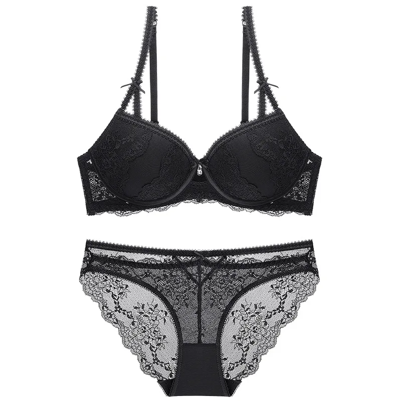 

2019 Fashion sexy push up bra and panties set adjustable lace underwear breast thin 3/4 cup bra set high quality lingerie sets