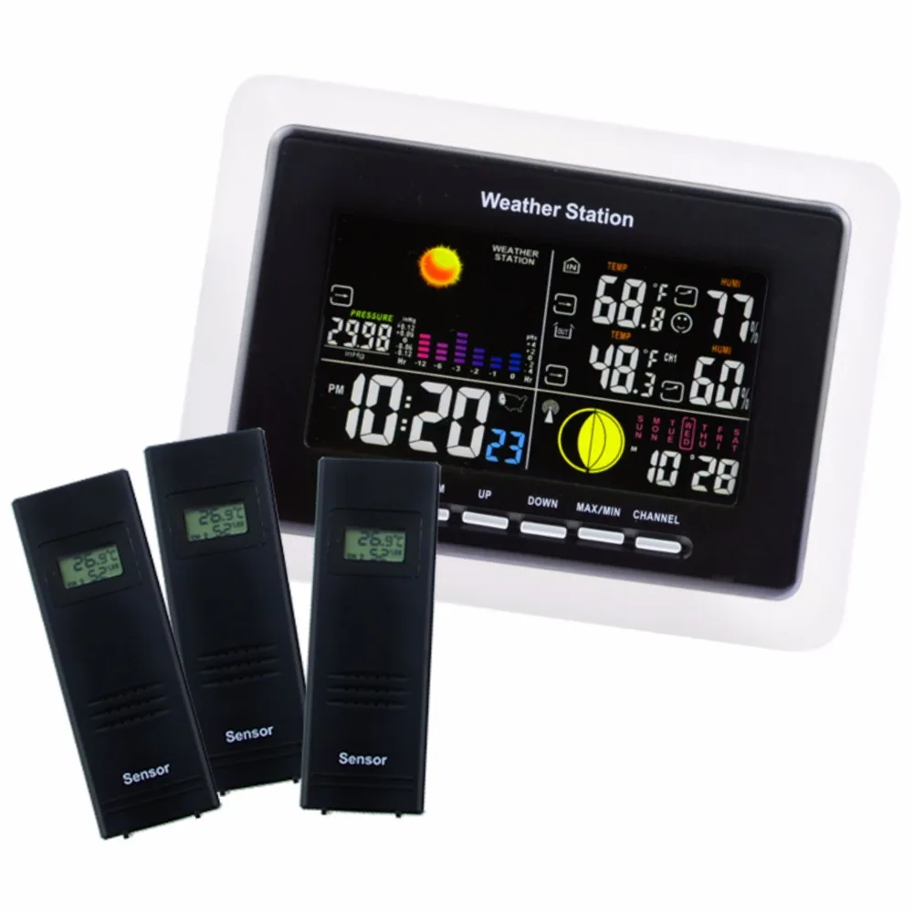  Weather Station + 3 Wireless Sensor 5 Weather Forecast LED Backlight Humidity Temperature DCF77 as  - 32871114059