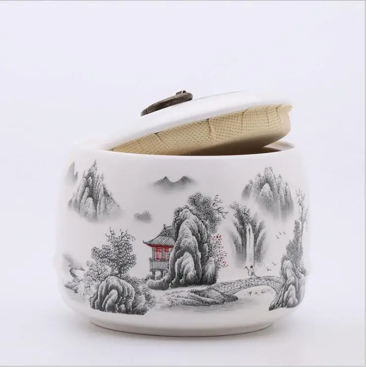 

White ceramic tea storage caddies 650ML chinese landscape painting jar case 12.5*10cm coffee bean nut canister tea pot