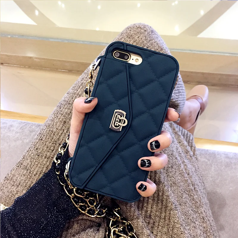 

Luxury fashion 3D silicone wallet card package long pearl chain phone case for iphone 6 6s 7 7plus 8 8plus plus X cover fundas