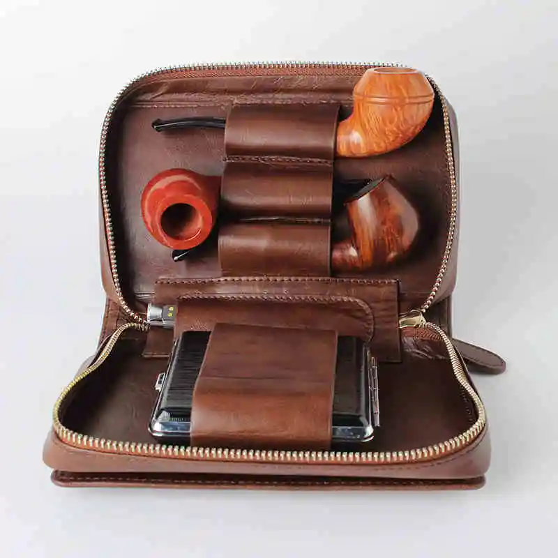 

Tobacco Pipe holder Pouches(hold 3 pcs) Multi-function High-capacity Portable Genuine leather The pipe bag Tobacco accessories