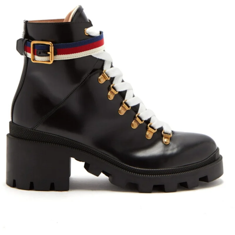 

Genuine Leather Black Cowhide Ankle Boots Womens Shoes Fashion Bronze Buckles and Ribbons Women Winter Luxury Shoes Lady Boots