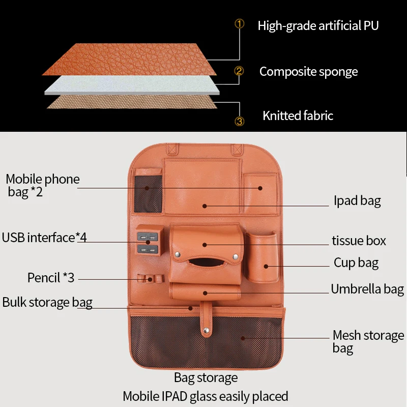 Сумка-Органайзер на заднее сиденье автомобиля, 4USB зарядное устройство для хранения телефона из искусственной кожи, многофункциональная сумка для путешествий с карманом, аксессуары для авто