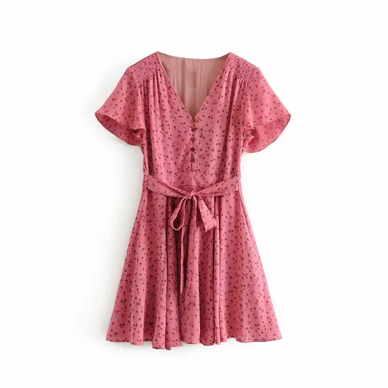 

Vintage Stylish Women Bow Sashes Button Floral Print Dress Sweet Girls Pink V-Neck Mini Dresses Casual Vestidos